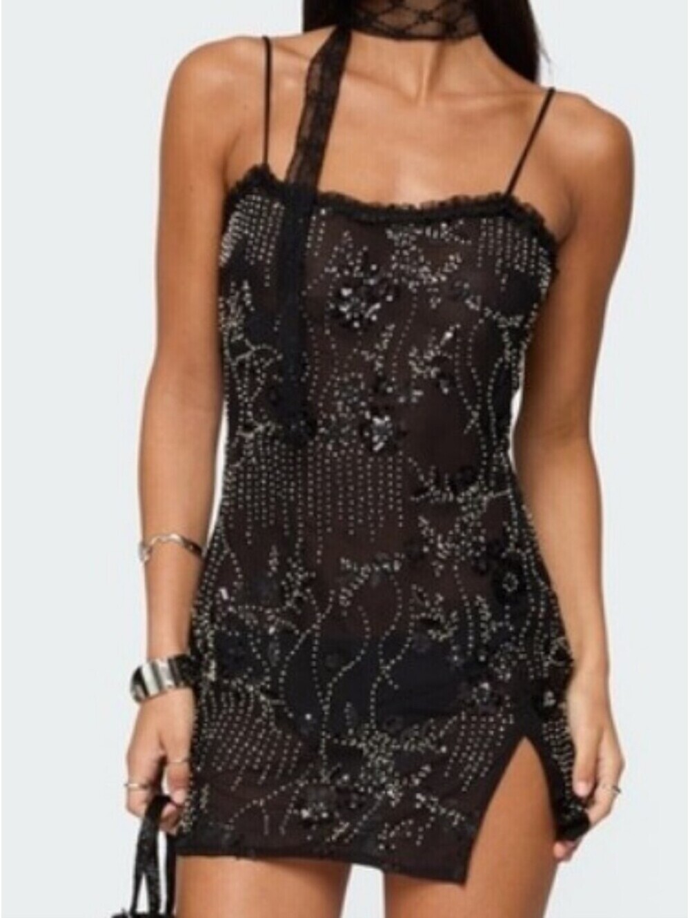 Edikted Black Beaded Sheer Mini Dress. New With Tags! XS